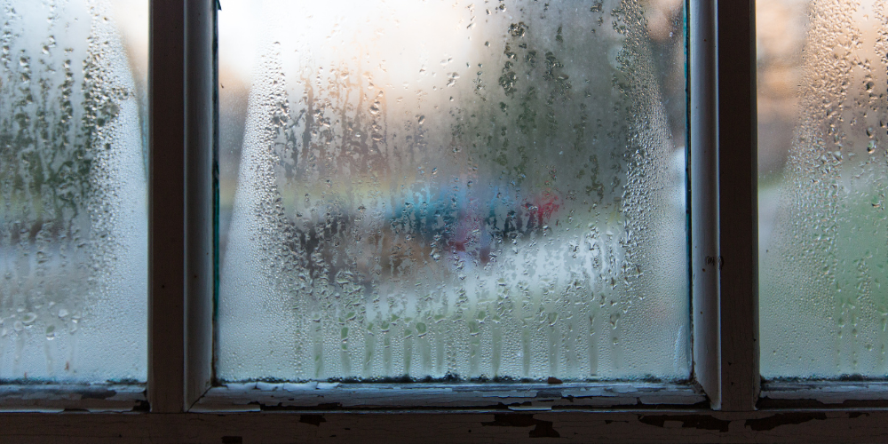 A photograph of windows with lots of condensation on it.