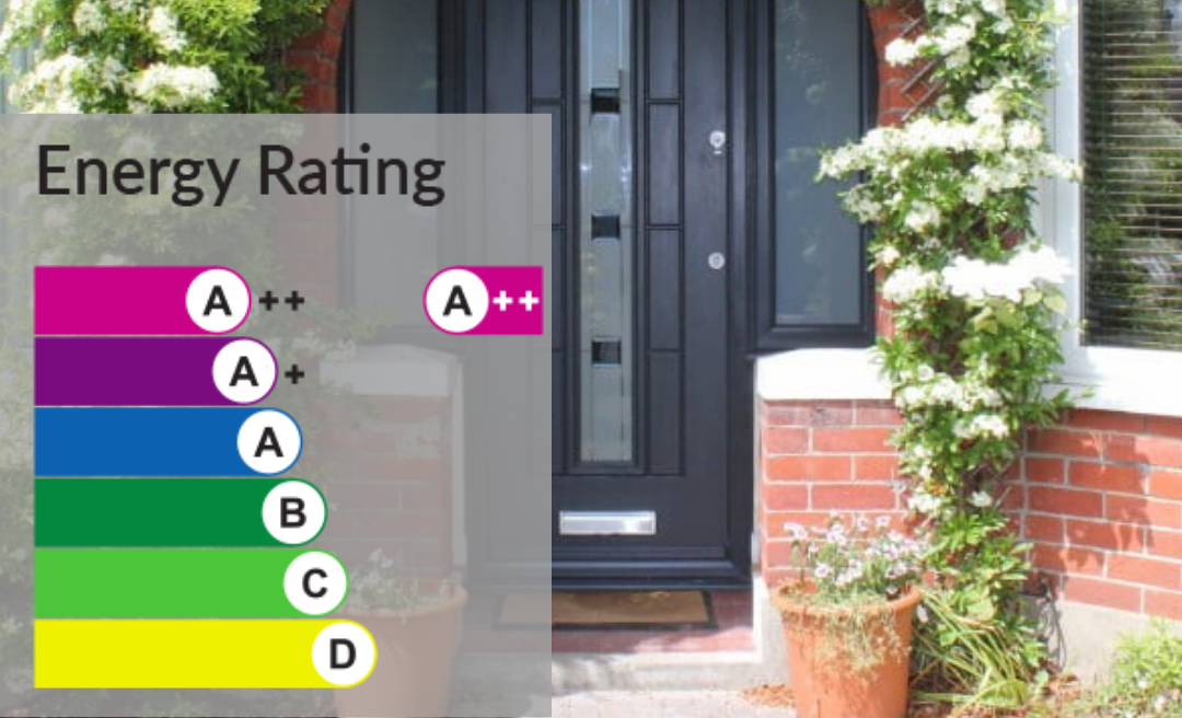 a photograph of a black arched front door, with a BFRC energy rating scale