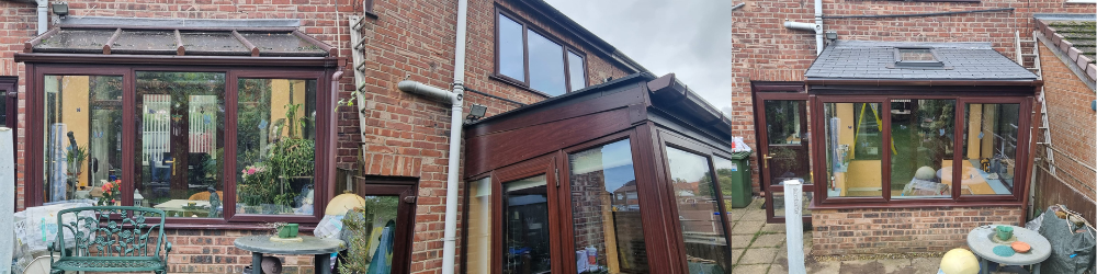 a banner featuring 3 images of a rosewood upvc conservatory with a polycarbonate roof, being upgraded to a tiled insulated roof