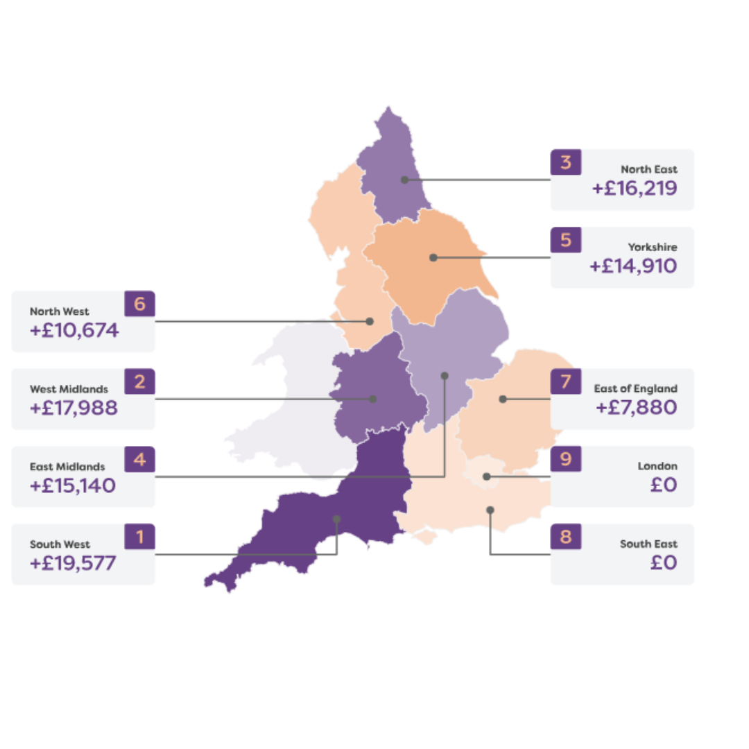 a map of england showing increasing house prices when energy efficiency is increased