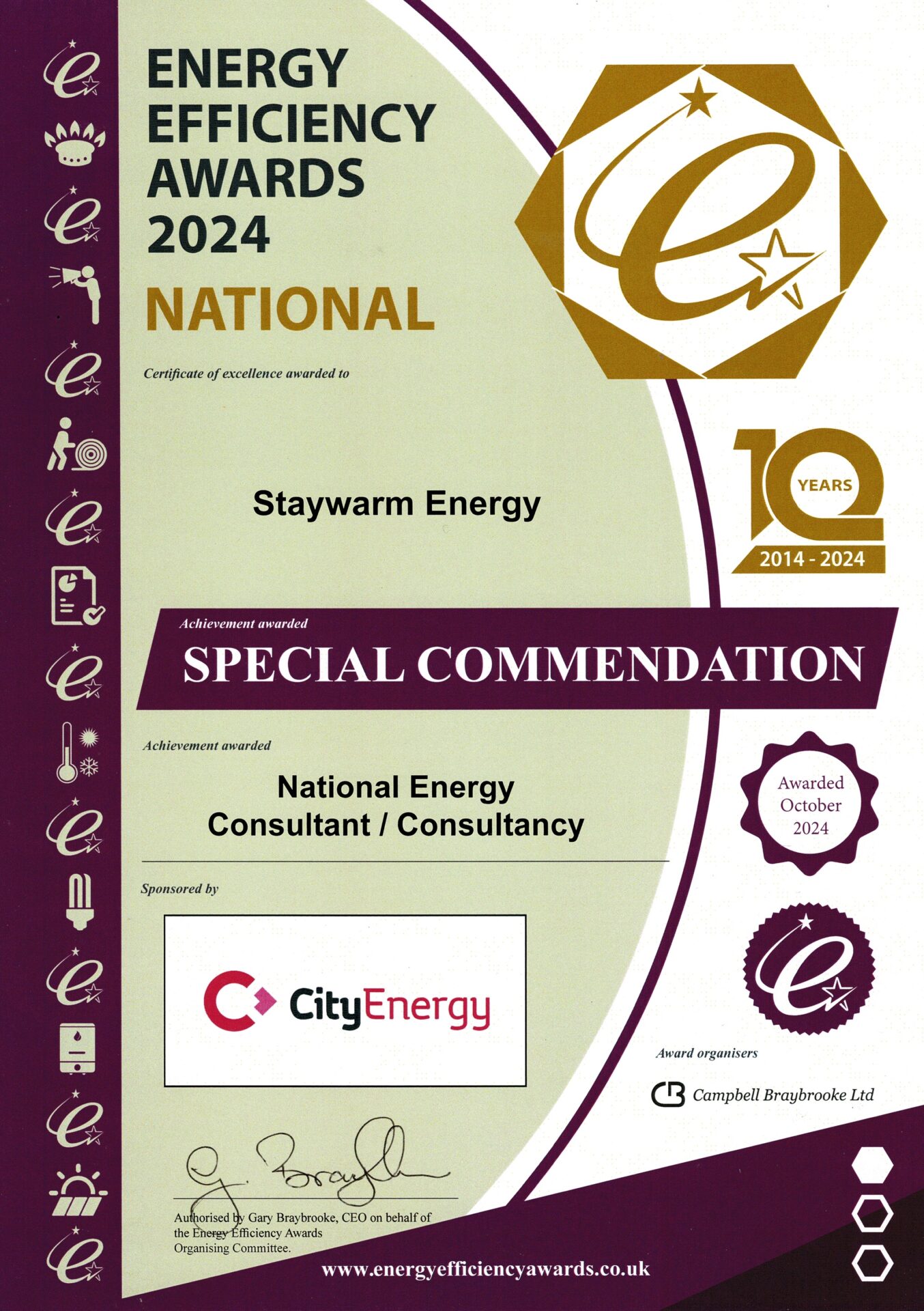 Certificate of award win for National Energy Efficiency Awards 2024